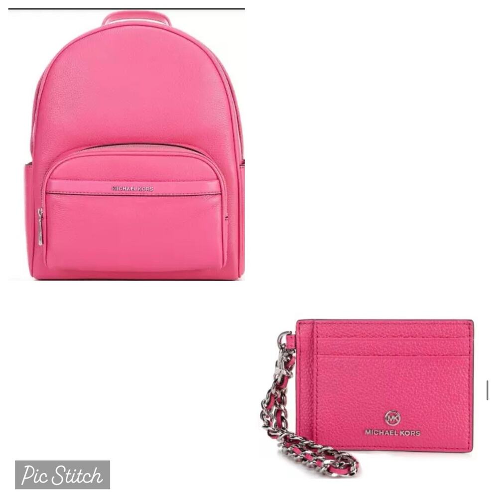 NWT Michael Kors Bex Medium Cerise Pebbled Leather Backpack & Chain Card Wallet